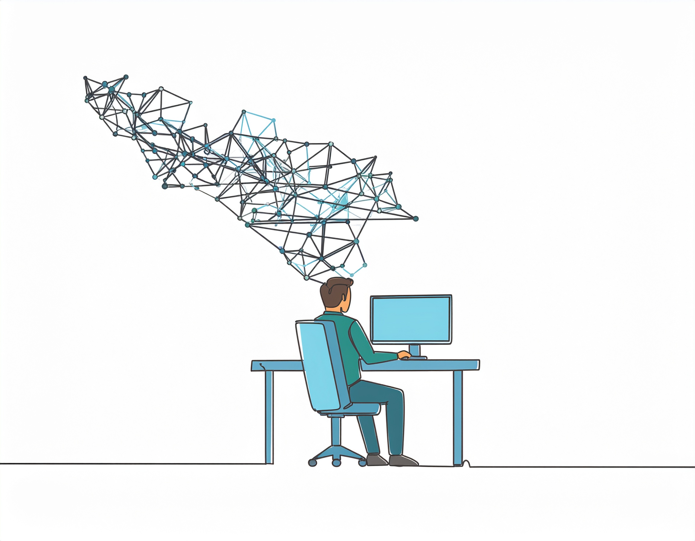 line drawing of person on computer with network symbol above them