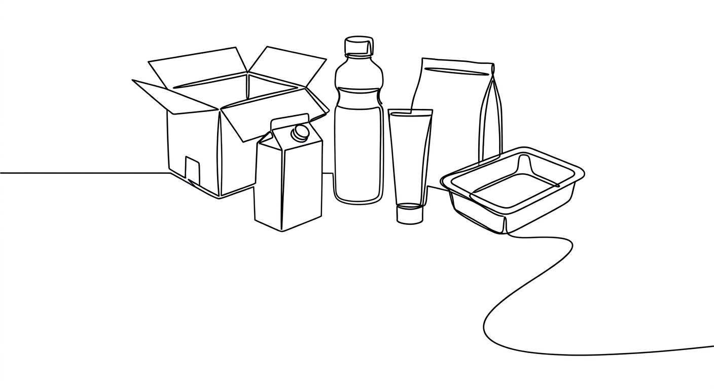 one-line drawing of empty packing, bottles and boxes