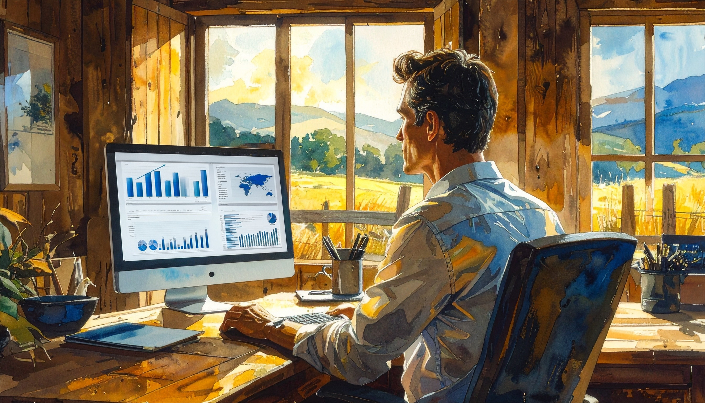 man at computer reading data