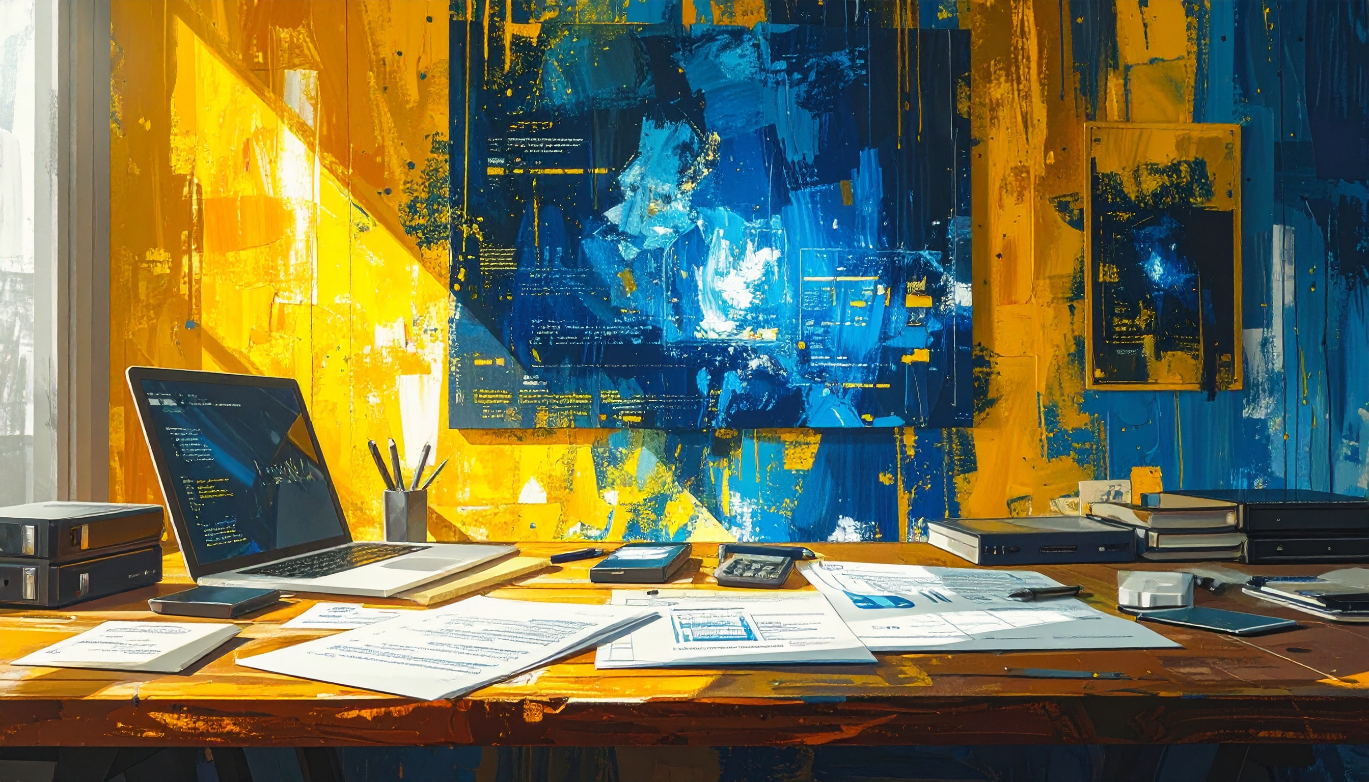 desktop with forms and papers, computer and hard drives
