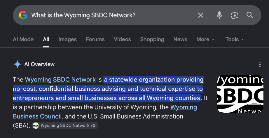 Wyoming SBDC Network google ai overview in browser