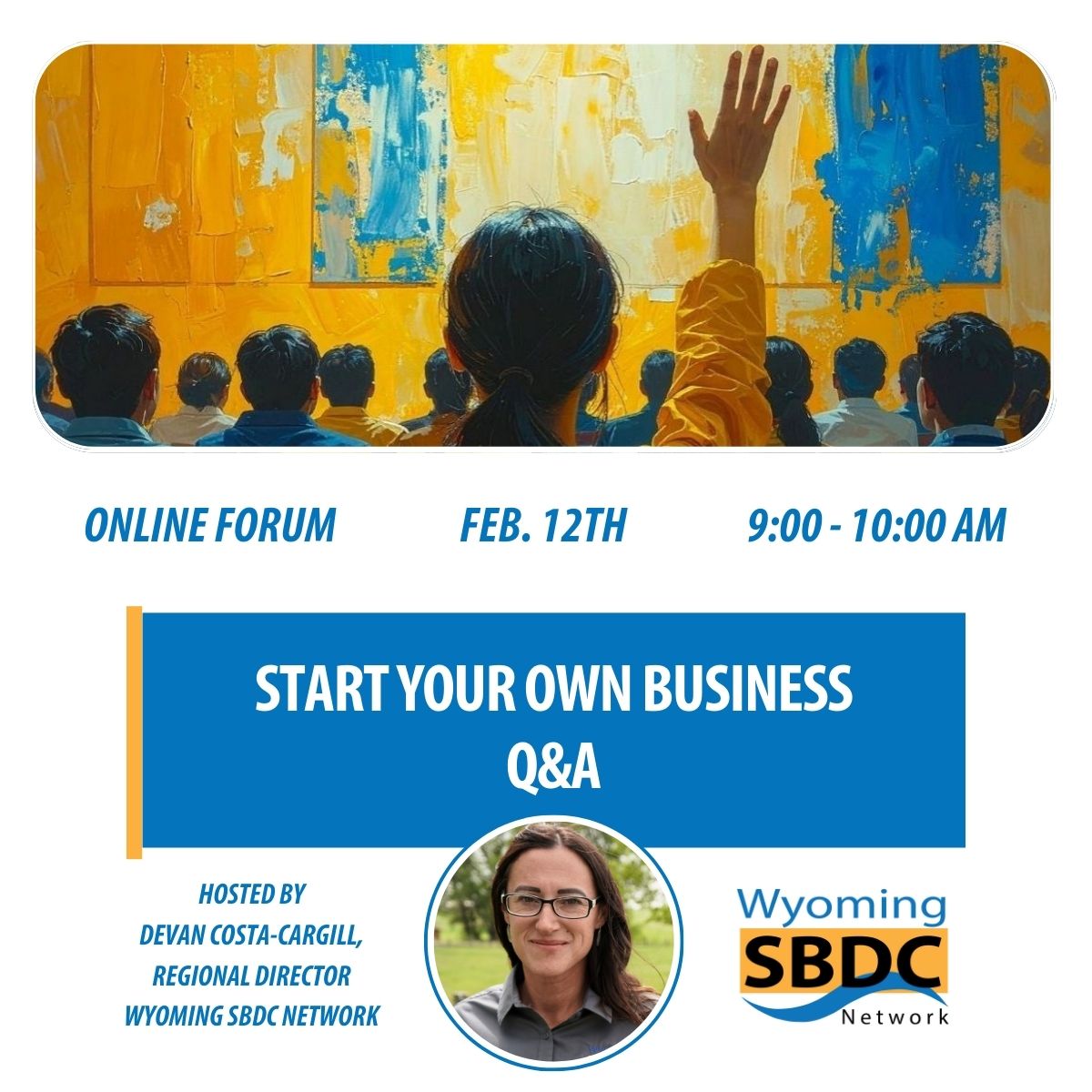 Start your own business graphic, group with one person raising their hand