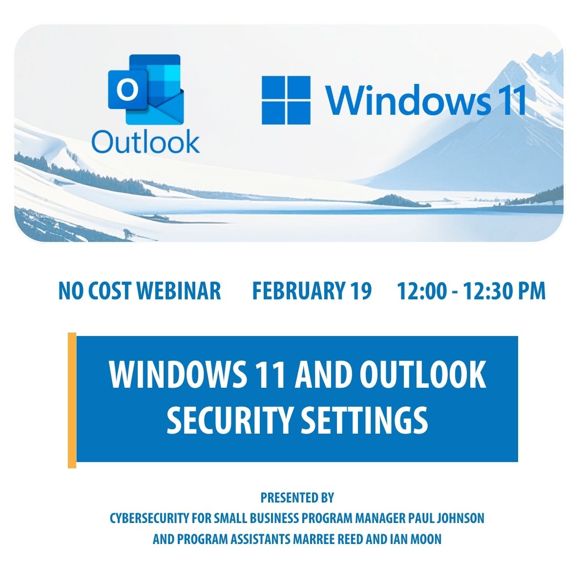 outlook and windows logos over a snowy mountain landscape