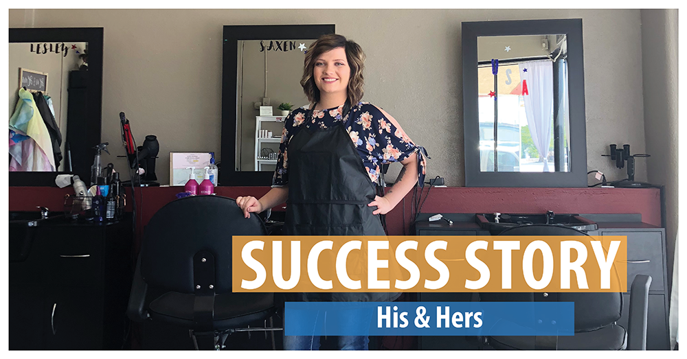 Success Story: His & Hers. Picture of Saxen Branham posing inside of her hair salon.