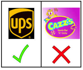 Correct: UPS logo. Incorrect: colorful logo with many bright colors and images.