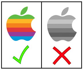Correct: Original Apple Logo. Incorrect: Apple logo in grayscale.