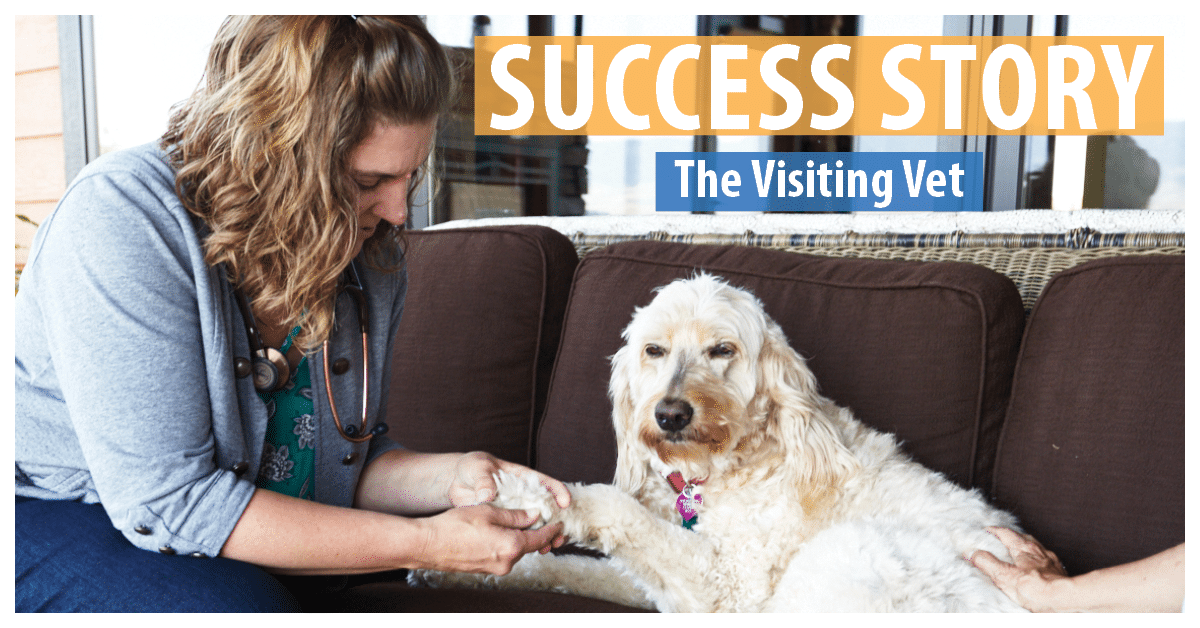 Dr. Angie O'Hearn checks the paws of a dog on a porch. Success Story, The Visiting Vet.