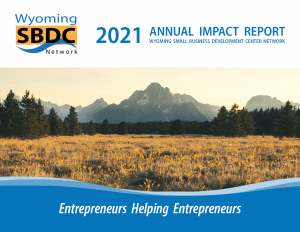 Cover page of the 2021 Annual report for the Woming SBDC Network. A picture of the Teton Mountains behind a field of yellow grass. 